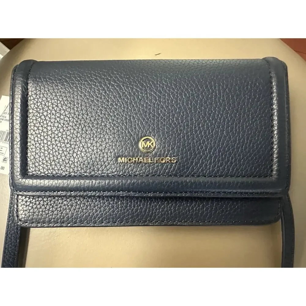 Michael Kors Fulton Pebbled Leather Crossbody Wallet Navy NWT